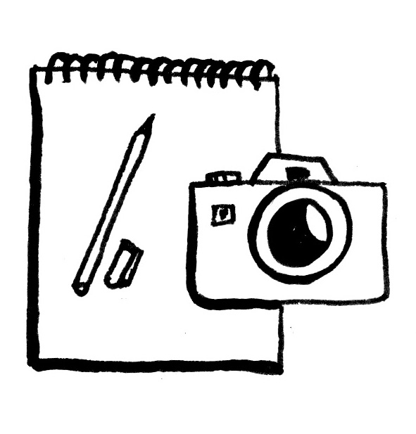 Zeichnung eines Skizzenblocks mit Stift und einer Kamera