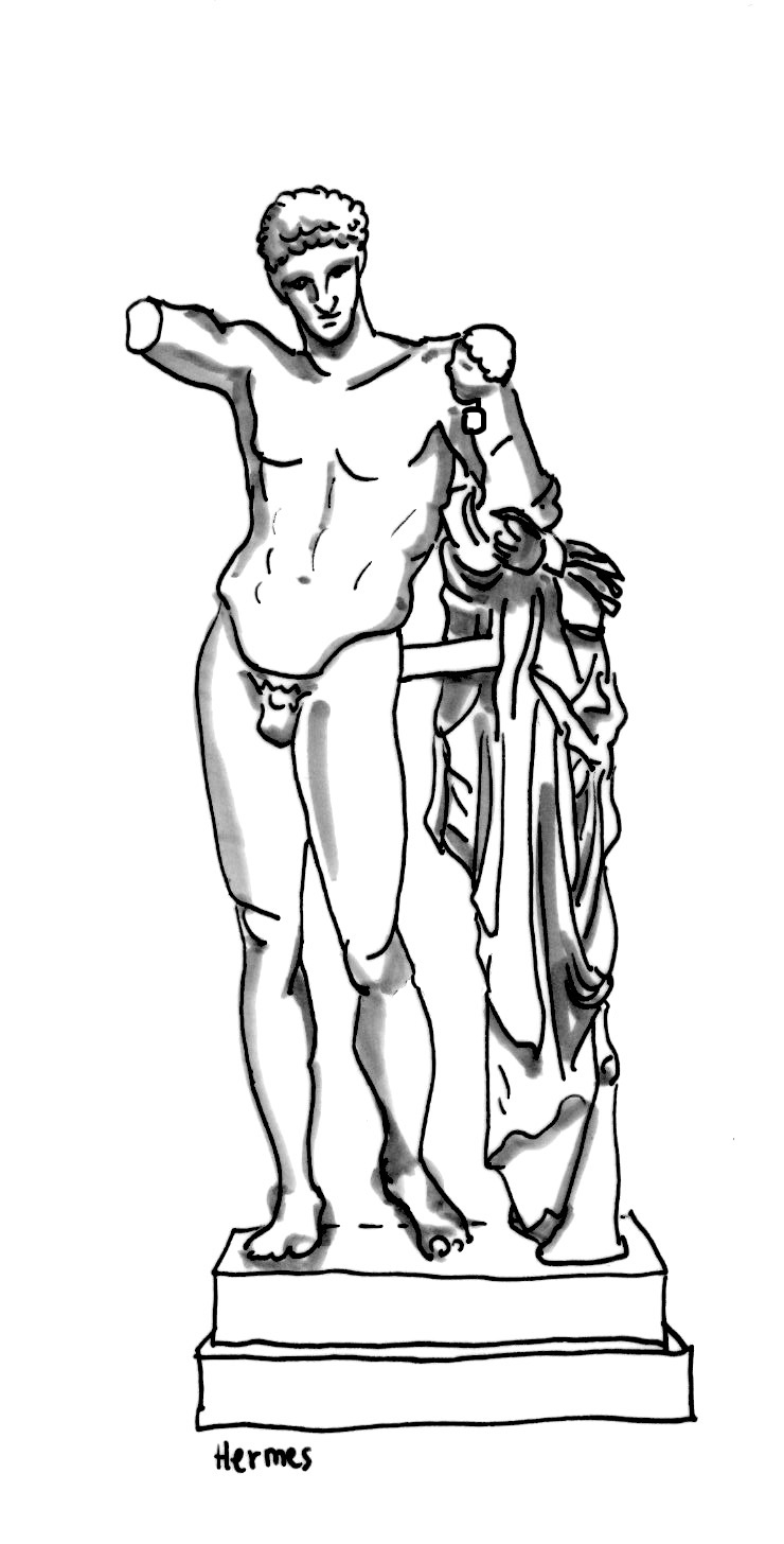 Umrisszeichnung einer Statue des Gottes Hermes