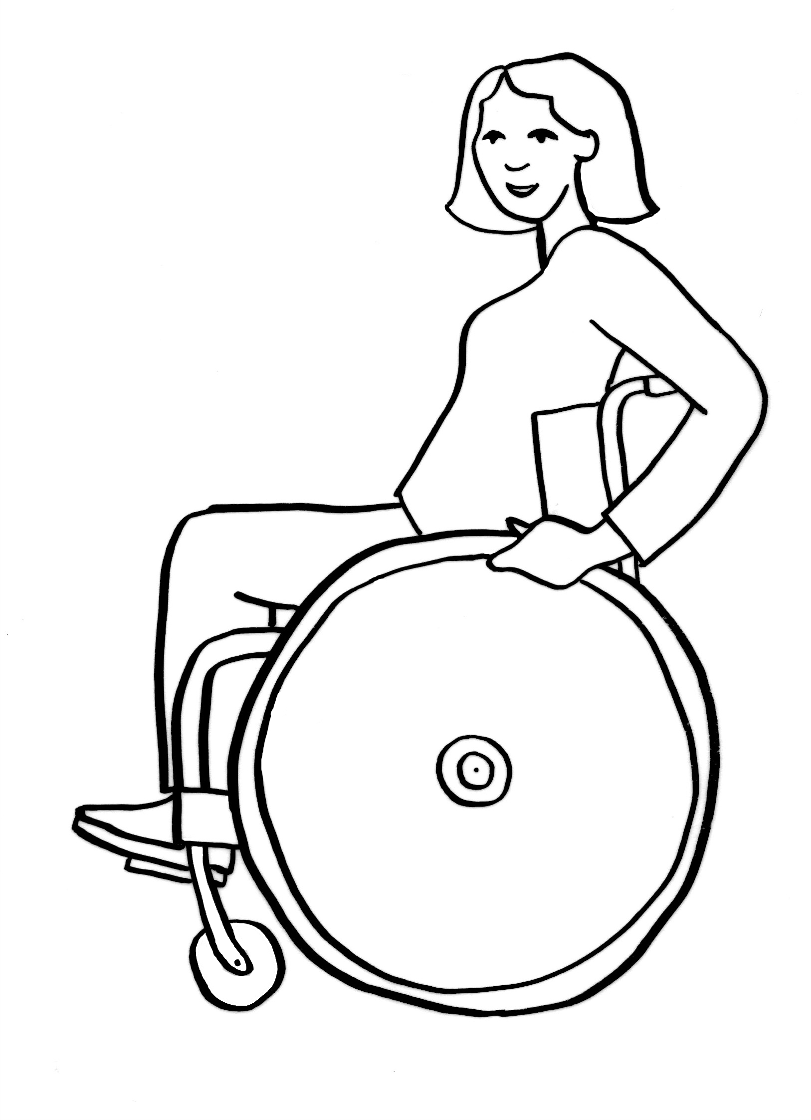 Zeichnung einer Rollstuhlfahrerin mit einer Hand am Rad
