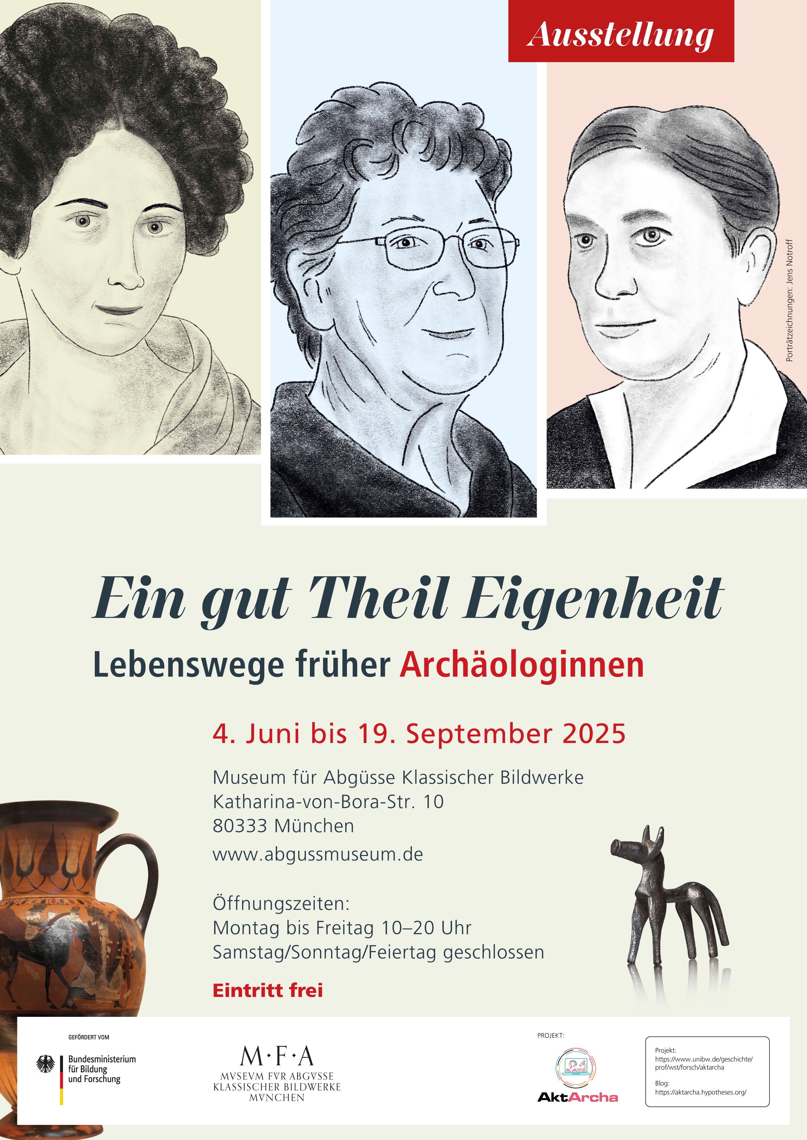 3 gemalte Porträts, darunter Informationen zur Ausstellung
